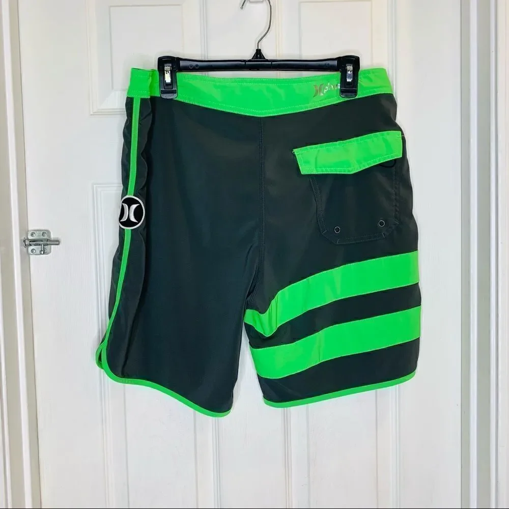 Hurley Phantom Gray Green Striped Unlined Drawstring Board Shorts Size Large